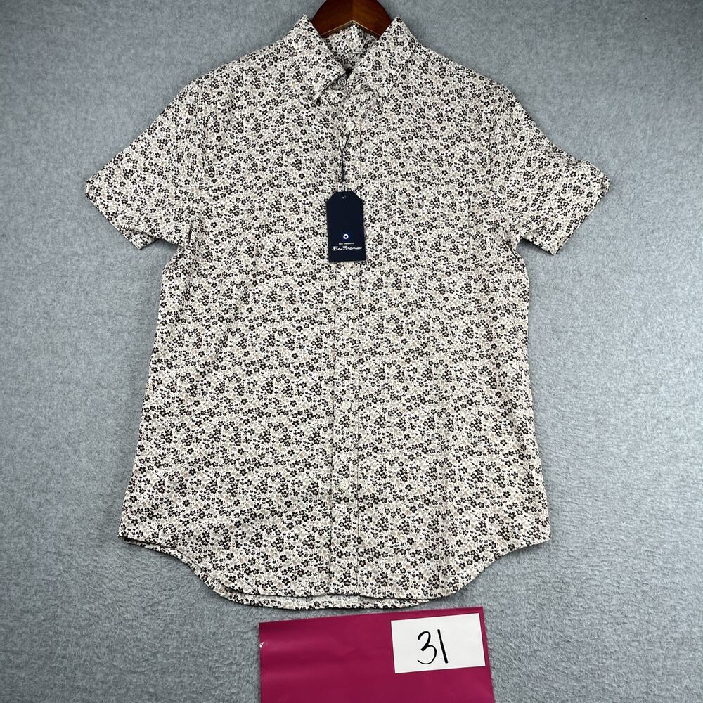 Ben Sherman Floral Print Shirt Small Natural Button Up Short Sleeve Men New NWT